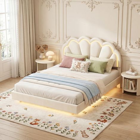 Letto matrimoniale 140x190 cm in velluto beige – Design sospeso con LED integrate – Rete a doghe inclusa, stile scandinavo (1/5)