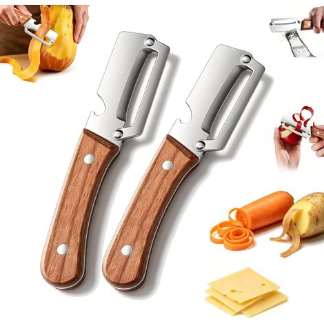 Juego de 2 peladores y abridores de botellas, 2 en 1, de acero inoxidable, con mango ergonómico de madera, herramienta de cocina multifuncional, para patatas, manzanas, zanahorias, calabazas, etc. (1/5)