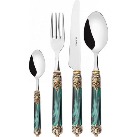 Set posate 24 pezzi in scatola Compact Rinascimento ghiera dorata Verde Madreperla Bugatti