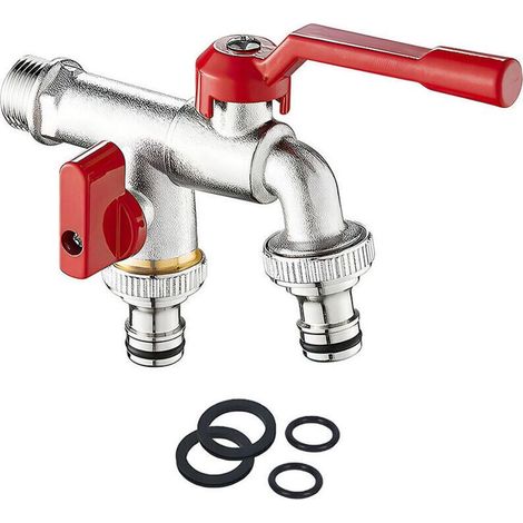 Double Robinet de Jardin-3/4'' Pouce Robinet d'eau en Laiton Robinet Exterieur Mural avec 2x 3/4 pouces de sortie Pour Jardin, Machine à Laver, Baril de Pluie anti-rouille et antigel (1/4)