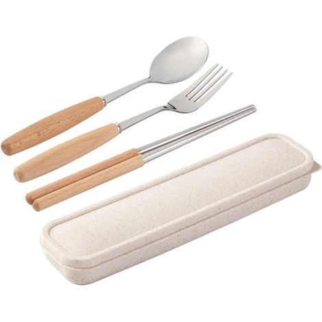 Cubiertos，palillos y cucharas de madera japonesas，juegos de cubiertos portátiles de acero inoxidable para estudiantes (1/5)