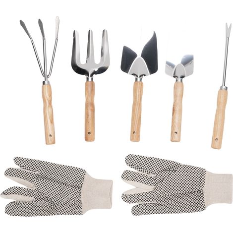 Ensemble d'outils de jardin en acier inoxydable avec gants en toile, pelle pointue et râteau pour la plantation de légumes en extérieur, la culture de fleurs et le désherbage (1/5)