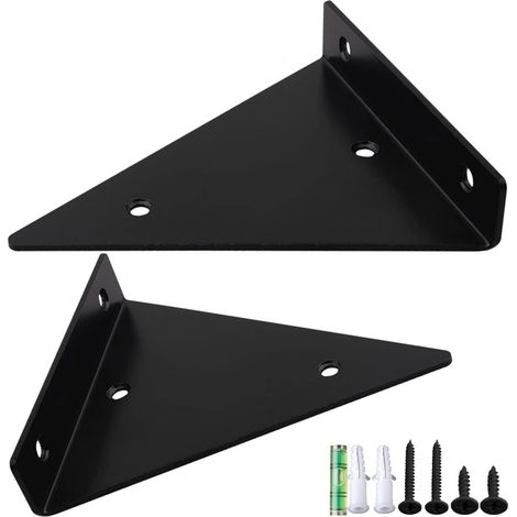 Support d'étagère triangulaire, 2 pièces, support d'étagère triangulaire flottant en métal noir, support d'étagère triangulaire carré invisible pour étagère de rangement, support de cuisine (noir) - (1/5)