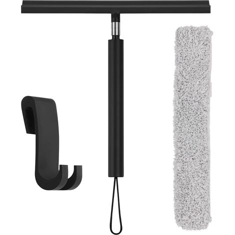 Raclette Douche, Lave Vitre Télescopique en Silicone, Raclette Sol 140 cm, Raclette Sol Extérieur avec Chiffon et Crochet, Noir, pour Salle de Bain, Miroir et Verre (1/5)