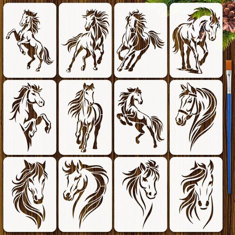 12 Styles Pochoirs de Cheval Encre Avec Un Pinceau Pochoirs Peinture Tête de Cheval 29.7x21cm Pochoir Motif de Chevals Au Galop Modèle de Thèmes Animaux pour Meubles Tissu Mural Bois (1/5)