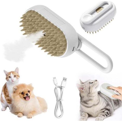 Brosse à vapeur 3-en-1 pour chats – Brosse de toilettage électrique avec spray massage et nettoyage automatique – Blanc (1/5)