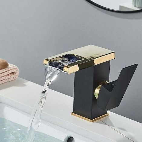 Robinet mitigeur de lavabo à effet cascade LED – Robinet mitigeur de lavabo noir et or – Robinet mitigeur de lavabo doré – Robinet vintage – Laiton (1/4)