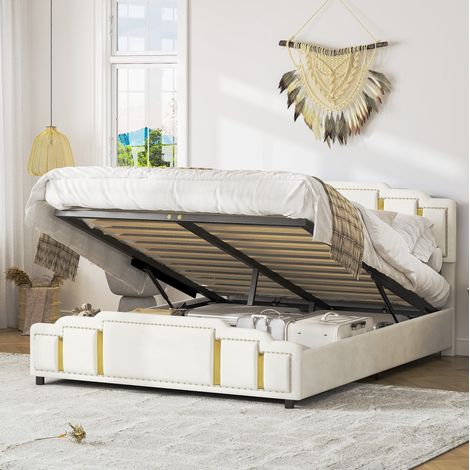 Bettgestell 140x200 cm beige Samt mit Stauraum, LED-Beleuchtung und goldfarbenen Akzenten (1/5)