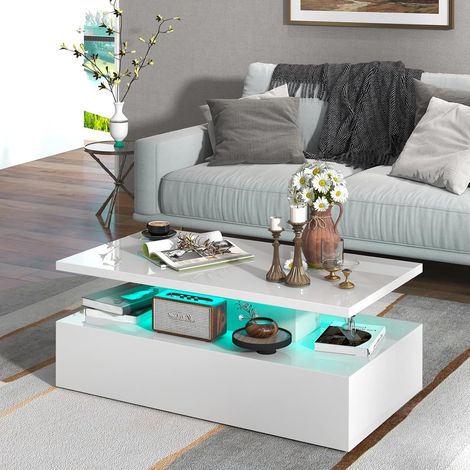 GOPLUS Table Basse Laquée 110x60x40CM LED 20 Lumières,8 Luminosité avec Télécommande,19 Modes, Nettoyage Facile Blanc (1/5)