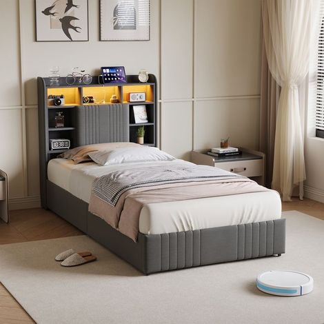 Bett Kinder 90x200 cm mit 2 Schubladen und LED-Beleuchtung, Einzelbett 90x200 cm, Lattenrost, Stauraum, Graues Leinen (1/5)