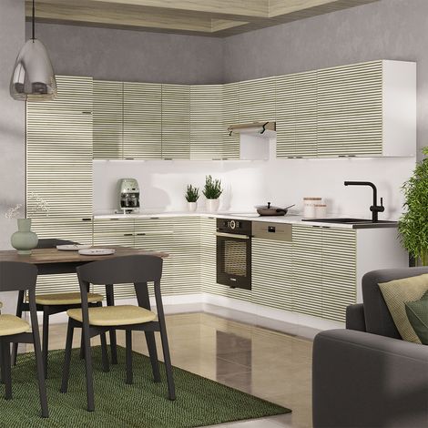 Cocina esquinera Fame-Line, Panel roble/blanco, 227 x 60 cm sin encimera, Vicco