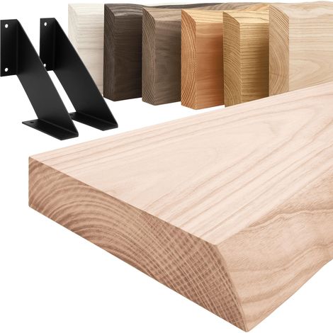 LAMO Manufaktur étagère murale en bois massif, irrégulier, étagère de rangement Vintage, bois brut / équerre noire 80cm, LW-01-A-001-80VS