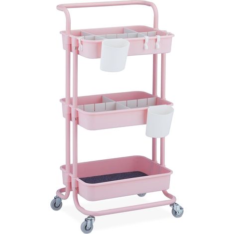 Carro con ruedas práctico 3 niveles cocina baño almacenamiento móvil 83 x 40 x 80 cm de metal rosa 130011705 (1/5)