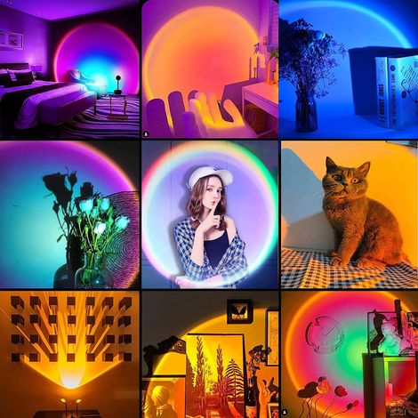 Sonnenuntergangslampe mit USB-Schnittstelle, Regenbogenlicht, höhenverstellbares LED-Nachtlicht, 16 Farben, 4 dynamische Modi, zwei Fernbedienungen, 180°-Drehung, geeignet für Selfies/Fotografie/Party (1/4)