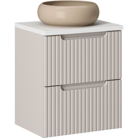 Meuble salle de bain suspendu 2 tiroirs NOVA taupe – Vasque ronde cappuccino avec plan 50 cm-Largeur 50 cm (1/5)