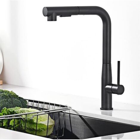 Robinet Cuisine Noir, Robinet Cuisine Extensible, Mitigeur d'Évier Haute Pression avec Douchette à Deux Types de Jets d'Eau, Robinet Cuisine Rotatif à 360°, Mitigeur Cuisine Noir (1/5)
