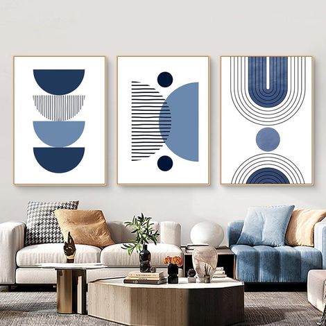 Wandbilder 3er Set Boho Abstrakt Blau Pflanze Leinwand M 50x70cm (1/5)