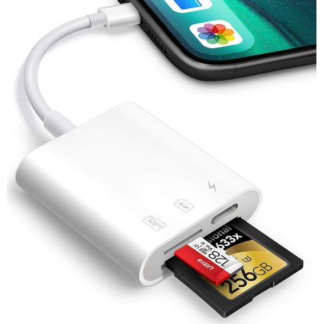 Lecteur de cartes SD pour iPhone et iPad, visionneuse de cartes SD Trail Game, lecteur de cartes SD double emplacement pour reflex numériques, adaptateur pour cartes de stockage photo (1/3)