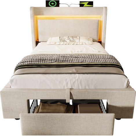 Letto Singolo Contenitore 90 x 200 cm in Lino, USB, Type-C, LED e Cassetto, senza Materasso, Beige (1/5)