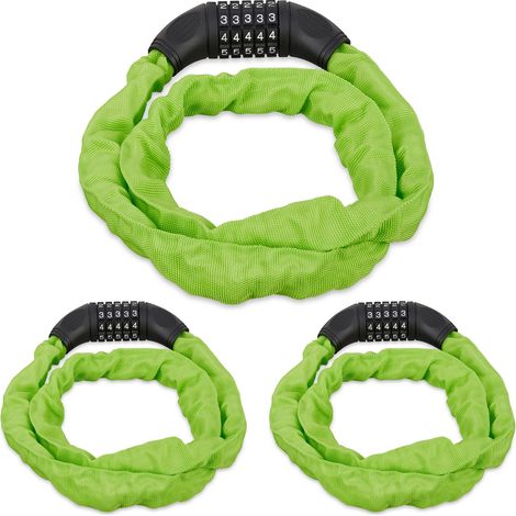 3x Lucchetto a Combinazione per Bicicletta, Catenaccio Sicurezza con Codice a 5 Cifre, in Acciaio, 120 cm, Verde
