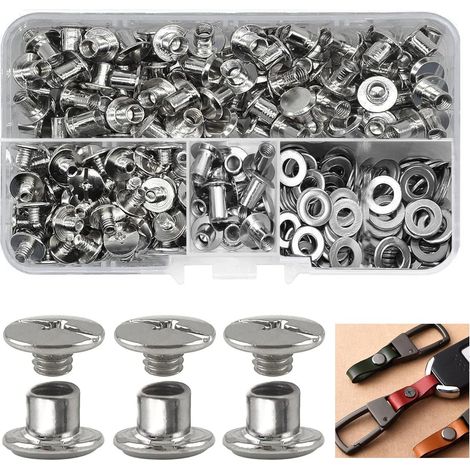 Lot de 120 vis à tête plate M5 x 5 mm - Avec bouton argenté - Avec boîte de rangement - Pour la décoration du cuir, la reliure de livres, le bricolage (1/5)