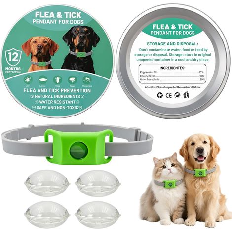Collier Anti Puces et Tiques pour Chien et Chat, Collier Antiparasitaire Naturel aux Huiles Essentielles, 4 Capsules Remplaçables, Pendentif Répulsif, Imperméable et Réglable (1/5)