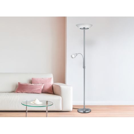 Deckenfluter GERRY mit Flex Leselampe, Silber & Glasschirm Weiß, Höhe 180cm