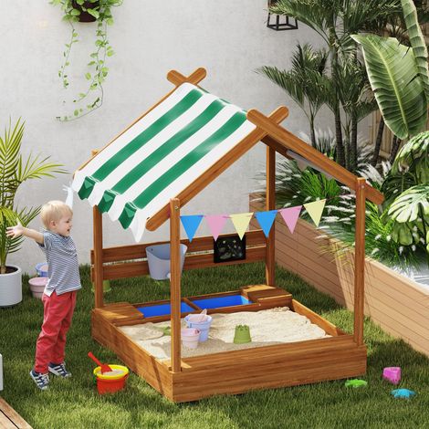 Bac à sable pour enfants en forme de maison avec auvent, 6 fanions, 2 bacs, robinet et tableau noir pour aire de jeux 124 x 116 x 146 cm Orange