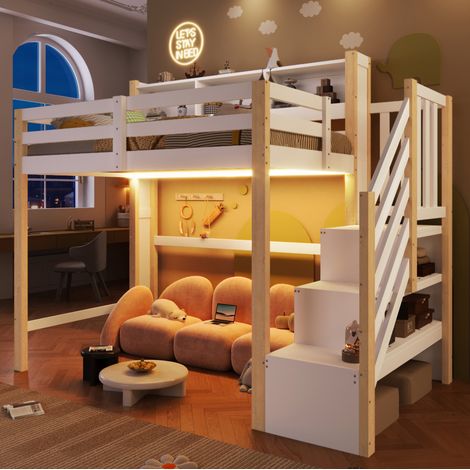 Lit superposé enfant 90x200 cm avec LED, escalier de rangement et niche ouverte, blanc/naturel (1/5)