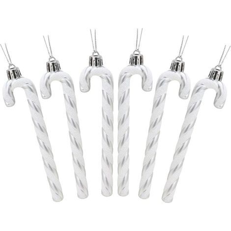 6-teiliges Weihnachtsset mit 6 glitzernden Zuckerstangen-Weihnachtsbaumdekorationen (13 cm, silber und weiß) (1/4)