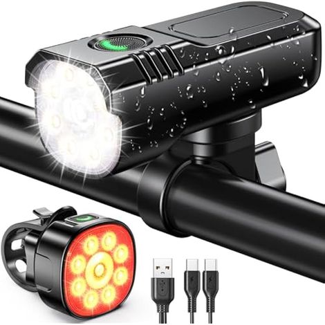 Feux de vélo avant et arrière, [8+7 modes d'éclairage] & [alliage d'aluminium robuste], lampes LED super lumineuses pour vélo, rechargeables par USB et étanches IP65, kit idéal pour VTT et moto.
