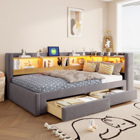 Divano letto 3 in 1 90x200 cm estensibile a 180x200 cm con cassetti, LED e presa grigio DESVIAE (1/5)
