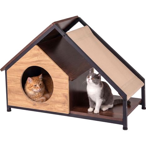 COSTWAY Modern Cat House Wooden Cat Condo Furniture w/Detachable Roof