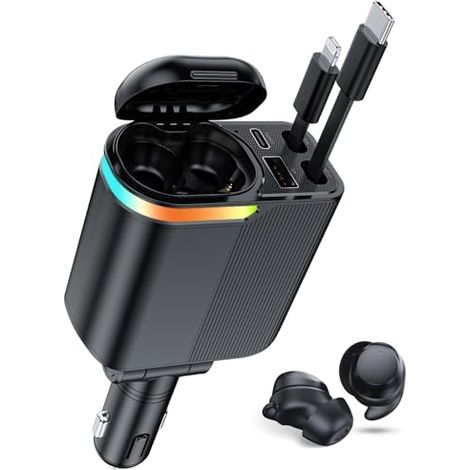 Caricabatterie per auto USB-C 4 in 1 con cuffie Bluetooth, caricabatteria per auto retrattile da 120 W, caricabatteria per auto USB-C a ricarica rapida compatibile con iPhone 16, 15, 14 Pro Max e Andr
