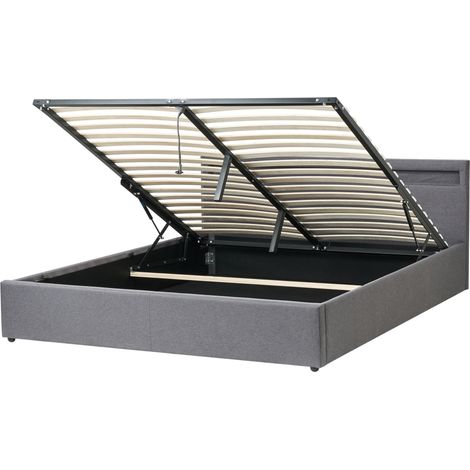 Cama con almacenaje somier de láminas tapizado de tela 180 x 200 cm luces LED multicolores gris oscuro Armelle