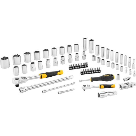 Stanley – Coffret cliquet et douilles 72 pièces 1/4 et 1/2 – Cliquets 72 dents à faible angle de reprise – Douilles 6 pans pour fixations – Rallonges et embouts inclus (1/10)