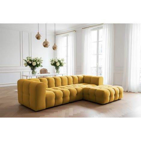 Ecksofa Designersofa SOLVIE in Stoff Tiffani Honiggelb Ottomane Rechts