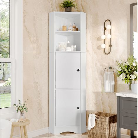 Meuble de salle de bain d’angle moderne en MDF laqué blanc, 2 portes, 2 niches ouvertes, étagères réglables, 51,7x32x155,4 cm (1/5)