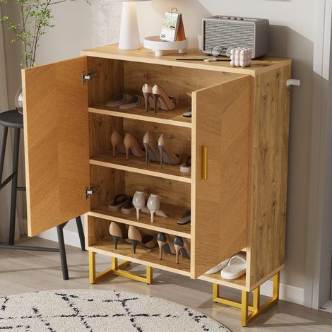 Scarpiera in MDF color naturale 80 x 38 x 100 cm, 2 ante, vano aperto e cerniere ammortizzate (1/5)