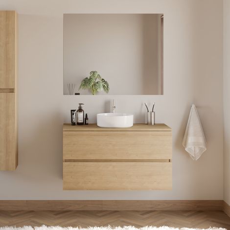 Meuble de salle de bain 90cm avec plateau et vasque à poser ronde - 2 tiroirs - nebraska (chêne clair) - IDA (1/5)
