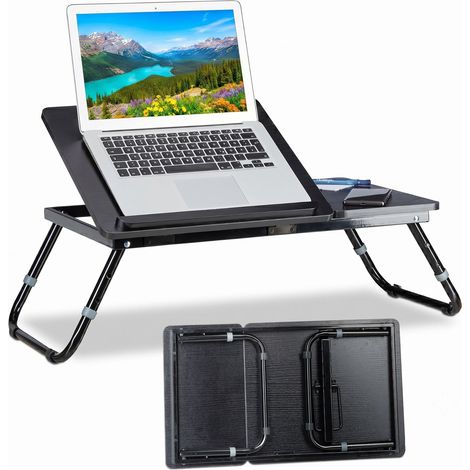 3 Mesas Plegables para Portátil, Bandeja Cama Tablet, 40x75x35 cm, Altura e Inclinación Regulable, Madera, Negro (1/5)