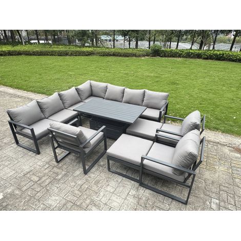 Fimous 12 Seater Aluminium Sofa Set 11 Pieces Outdoor Garden Furniture - Rising Dining Table with Cushions 2 Big Footstools 3 Chairs Footstool Dark Grey (1/5)