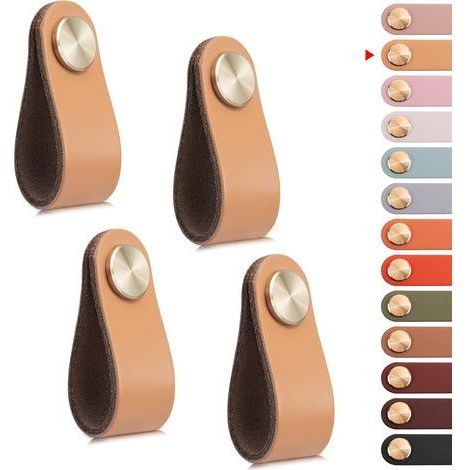 4pcs Poignée Meuble Cuir, Bouton Porte Placard Poignee Cuir Bouton de Tiroir, Poignee de Meuble Vintage pour Armoires, Commode, Cuisine, Salle de Bain (Beige, Monotrou) (1/5)