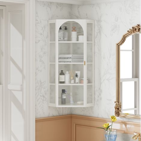 Armoire murale d’angle 4 niveaux 56 x 40 x 105 cm en métal et verre trempé blanc OKWISH (1/5)
