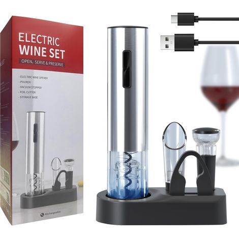 Ensemble tire-bouchon électrique 6 en 1 : décapsuleur rechargeable avec finition en acier inoxydable, bec verseur, bouchon, câble de charge USB-C, coupe-capsule et base de rangement, argent (1/5)