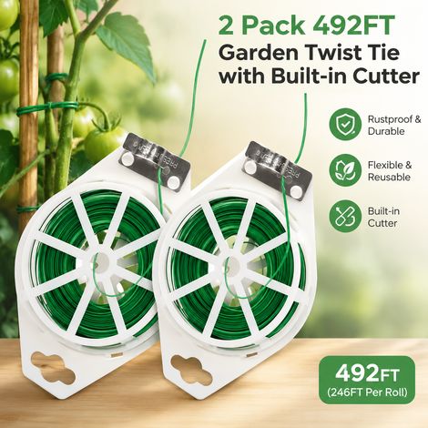 Lot de 2 liens torsadés de jardin de 492 ft avec couteau intégré, attaches végétales enrobées vertes antirouille, flexibles et réutilisables pour tomates et plantes, usage intérieur et extérieur