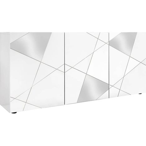 ORIANA - Buffet 3 Portes Finition Blanc Laqué Weiss avec Sérigraphies et Miroirs (1/4)