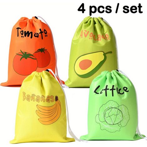 Lot de 4 sacs de conservation réutilisables pour fruits et légumes —Sacs en nylon avec cordon de serrage et motifs illustrés colorés