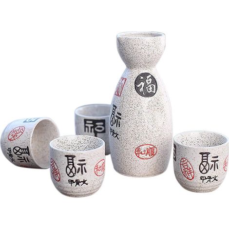 Japanisches Sake-Set – 4 Becher und 1 Karaffe aus Porzellankeramik mit Kanji-Muster (asiatische Schriftzeichen)