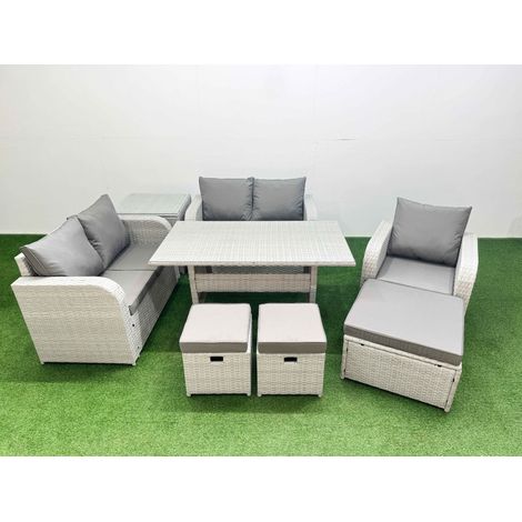 Fimous High Back Poly Rattan Garden Furniture Set with Reclining Chair Loveseat Sofa Rectangular Dining Table Indoor Outdoor Patio  Set 3 Stools Side Table Light Grey (1/4)